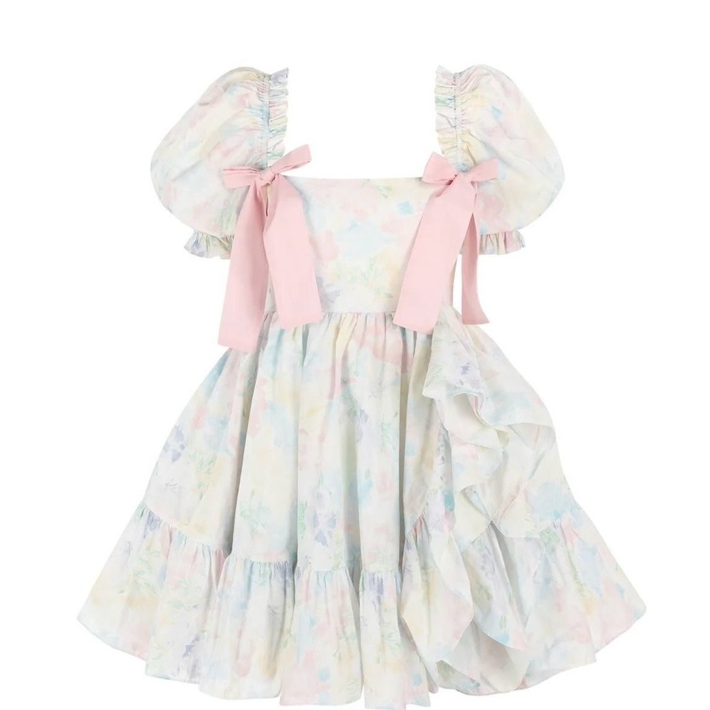 Selkie Pastel Floral Mini Dress with Pink Bows